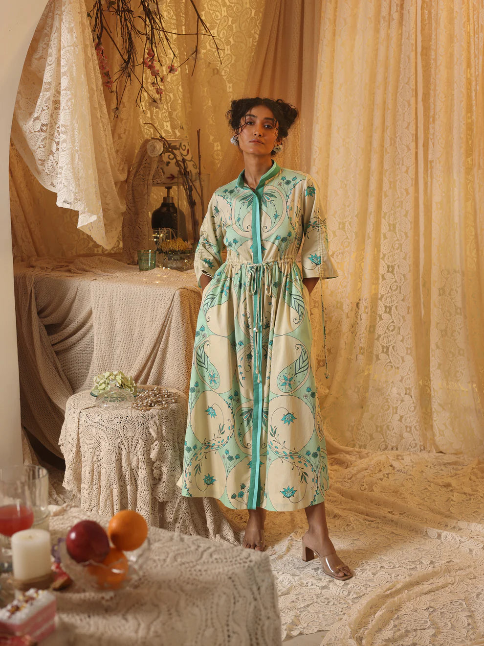 Mint Circle Print Drawstring Dress