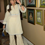 Plain Dobby Mirror Yoke Kurta with Wide Leg Pant Set