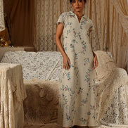 Beige Floral Cotton Net Collared Maxi