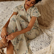 Beige Floral Cotton Net Collared Maxi