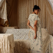 Beige Floral Cotton Net Collared Maxi