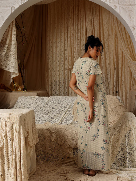 Beige Floral Cotton Net Collared Maxi