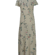 Beige Floral Cotton Net Collared Maxi