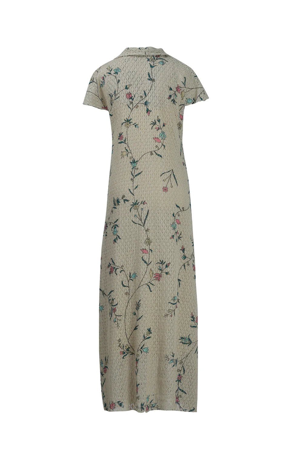 Beige Floral Cotton Net Collared Maxi