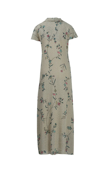 Beige Floral Cotton Net Collared Maxi