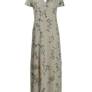 Beige Floral Cotton Net Collared Maxi