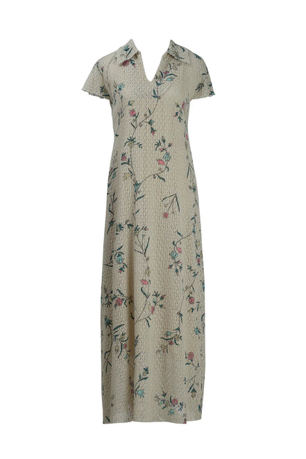 Beige Floral Cotton Net Collared Maxi