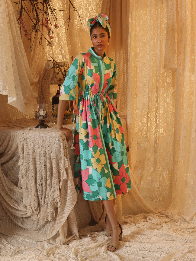 Big Floral Allover Drawstring Dress