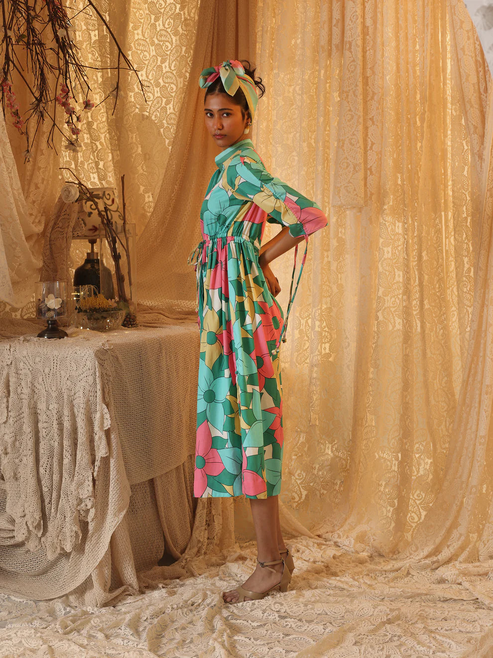 Big Floral Allover Drawstring Dress