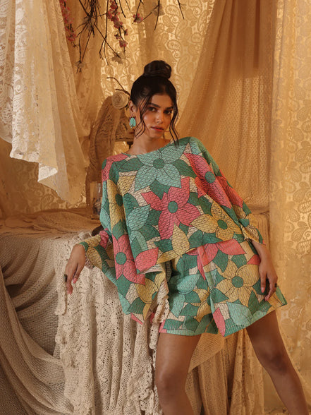 Big Floral Cotton Net Kaftan Top