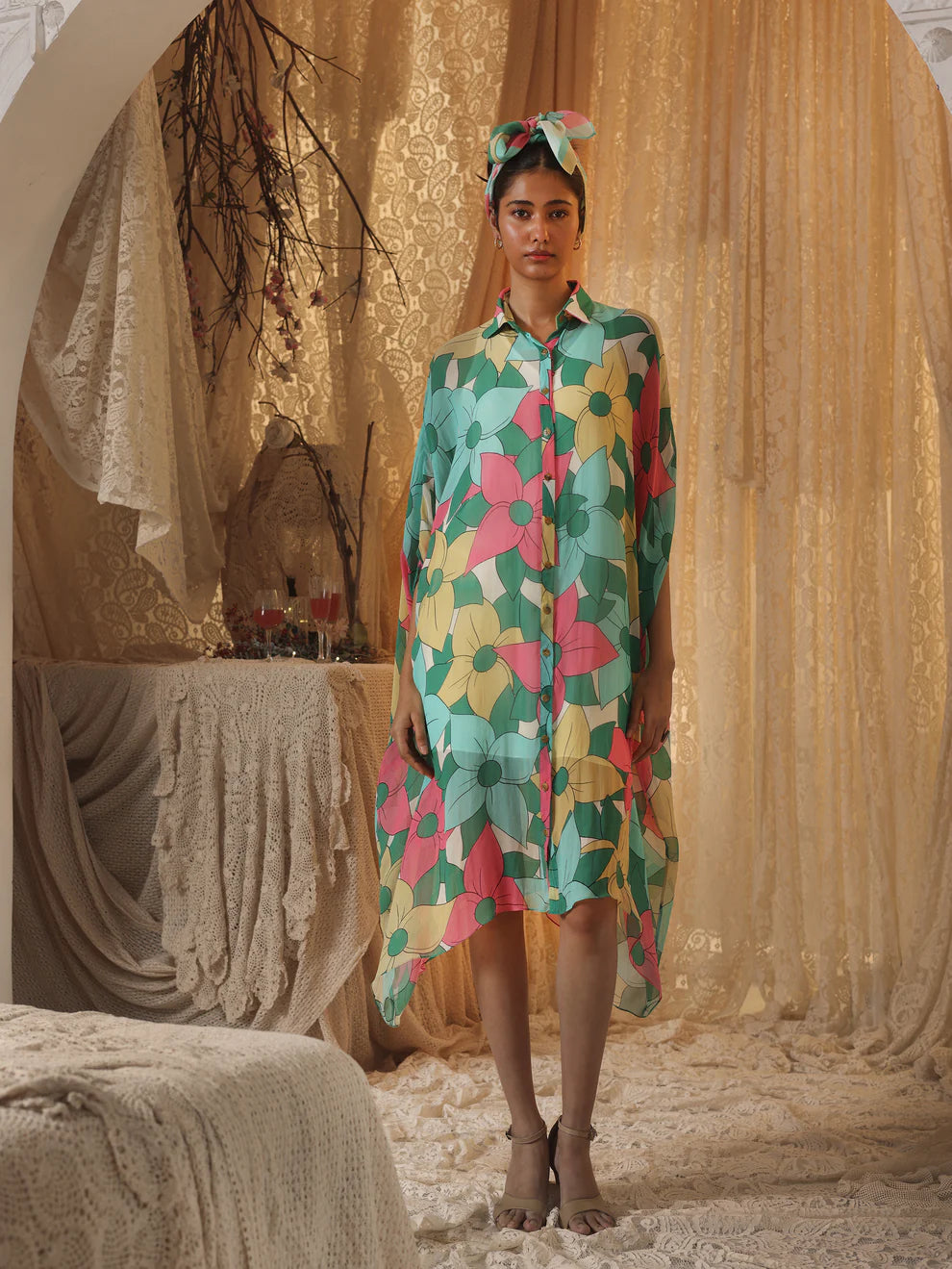 Big Floral Kaftan Shirt Dress