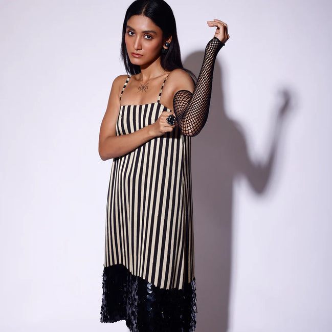 Black White Sequinned Spaghetti Dress