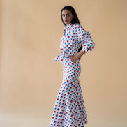 Shirt with Concealed Placket and Kimono Sleeve and Long Skirt - Red/Blue