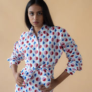 Shirt with Concealed Placket and Kimono Sleeve and Long Skirt - Red/Blue