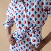 Shirt with Concealed Placket and Kimono Sleeve and Long Skirt - Red/Blue