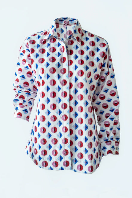 Shirt with Concealed Placket and Kimono Sleeve and Long Skirt - Red/Blue