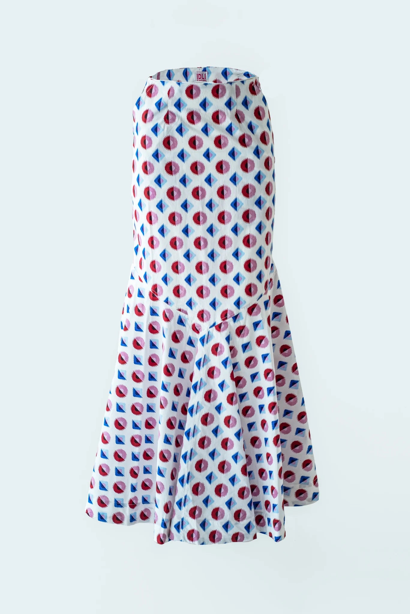 Shirt with Concealed Placket and Kimono Sleeve and Long Skirt - Red/Blue