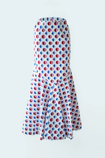 Shirt with Concealed Placket and Kimono Sleeve and Long Skirt - Red/Blue