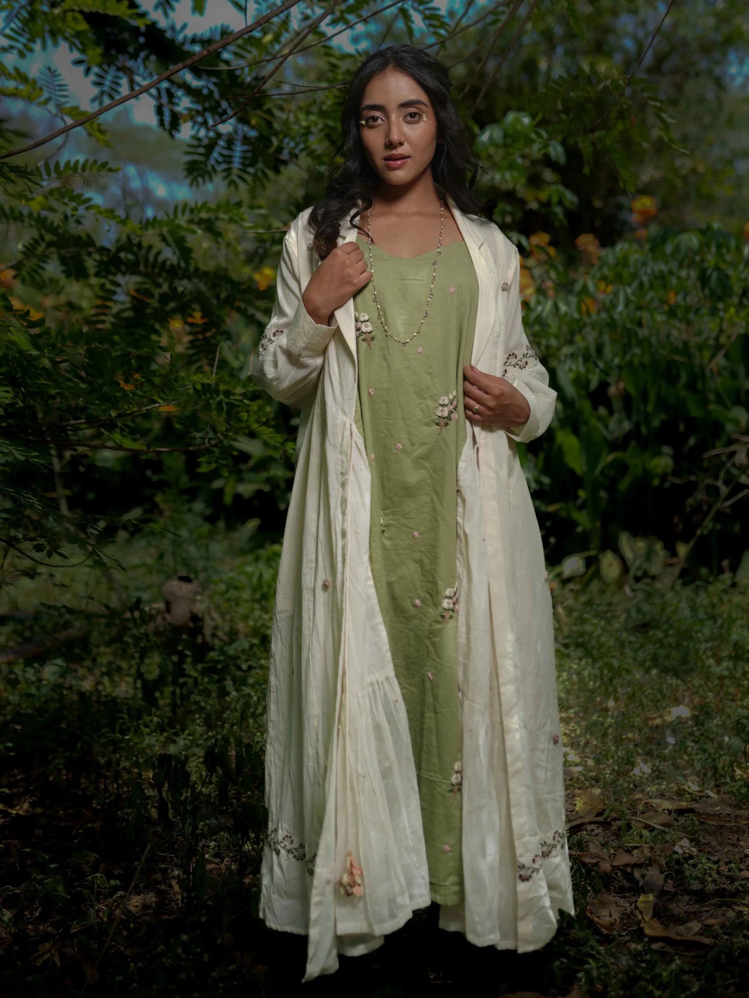 Dara Set - Dress and Jacket - Beige With Green