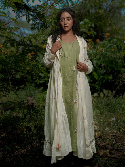 Dara Set - Dress and Jacket - Beige With Green