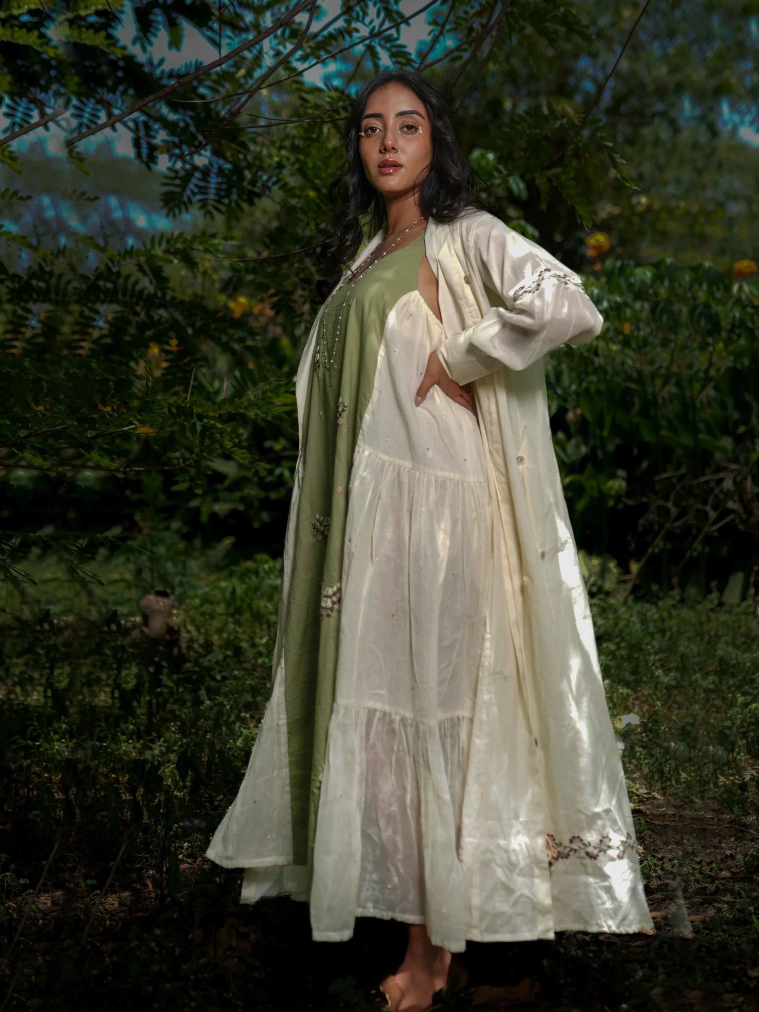Dara Set - Dress and Jacket - Beige With Green