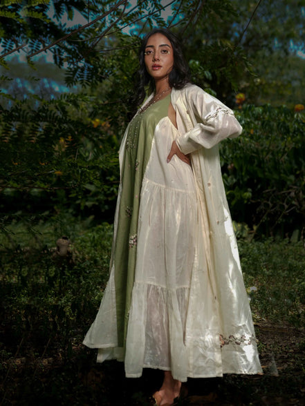 Dara Set - Dress and Jacket - Beige With Green