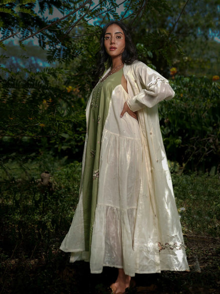 Dara Set - Dress and Jacket - Beige With Green