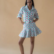 Geometric Print Fly Jacket and Short Skirt - Green/Pink