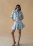 Geometric Print Fly Jacket and Short Skirt - Green/Pink