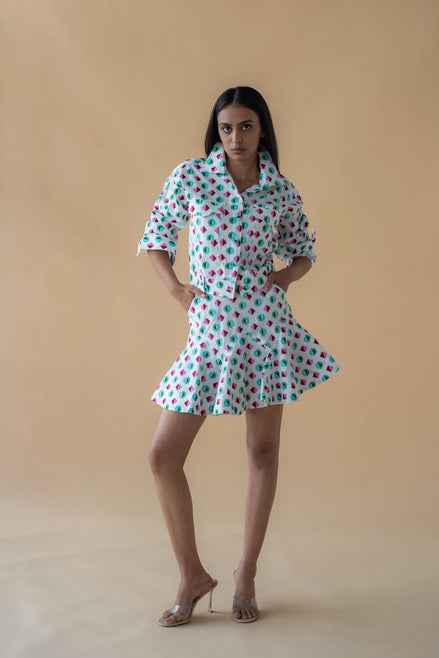 Geometric Print Fly Jacket and Short Skirt - Green/Pink