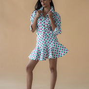 Geometric Print Fly Jacket and Short Skirt - Green/Pink