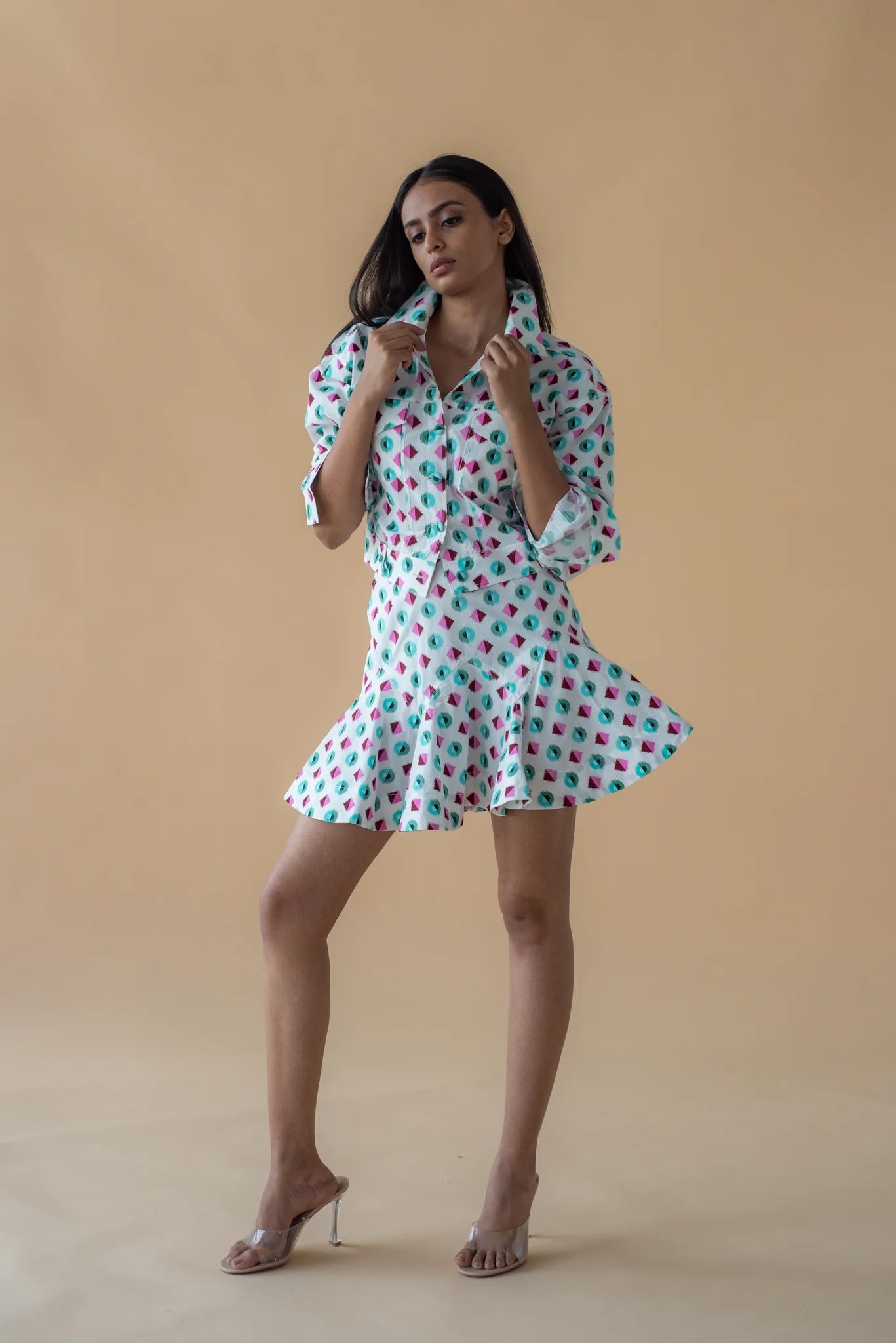 Geometric Print Fly Jacket and Short Skirt - Green/Pink