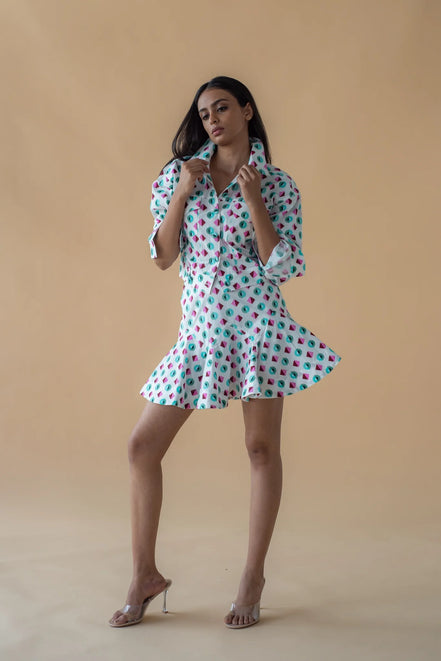Geometric Print Fly Jacket and Short Skirt - Green/Pink