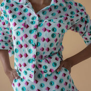 Geometric Print Fly Jacket and Short Skirt - Green/Pink