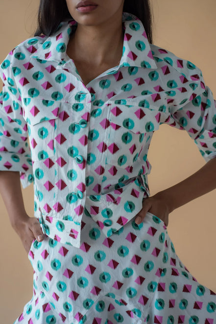 Geometric Print Fly Jacket and Short Skirt - Green/Pink