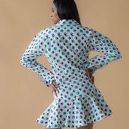 Geometric Print Fly Jacket and Short Skirt - Green/Pink