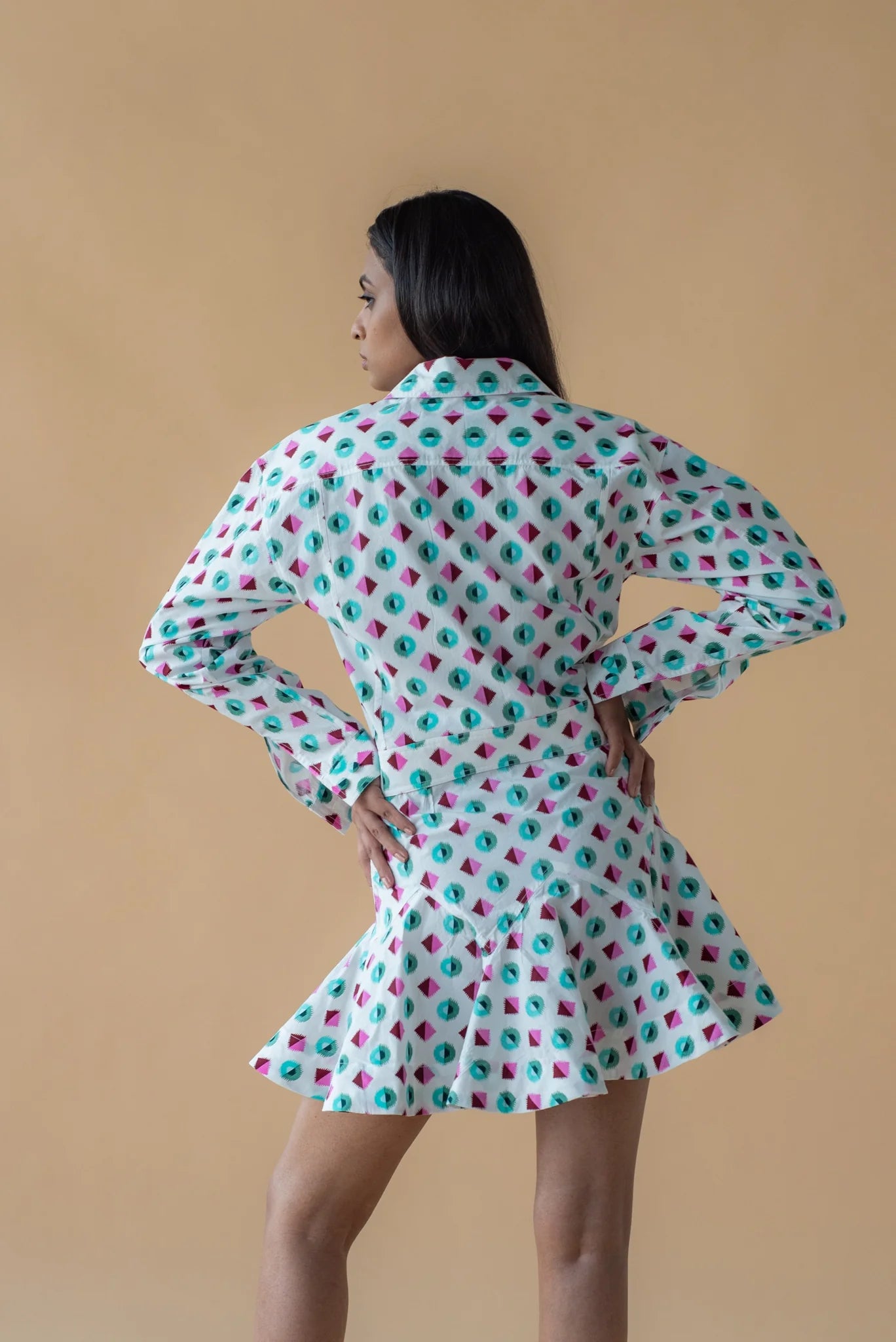 Geometric Print Fly Jacket and Short Skirt - Green/Pink