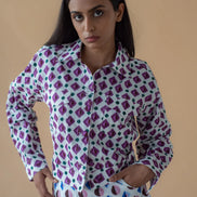 Geometric Print Purple Fly Jacket and Light Blue/Maroon Short Skirt