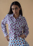 Geometric Print Purple Fly Jacket and Light Blue/Maroon Short Skirt