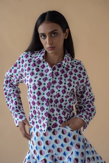 Geometric Print Purple Fly Jacket and Light Blue/Maroon Short Skirt