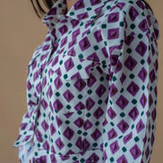Geometric Print Purple Fly Jacket and Light Blue/Maroon Short Skirt