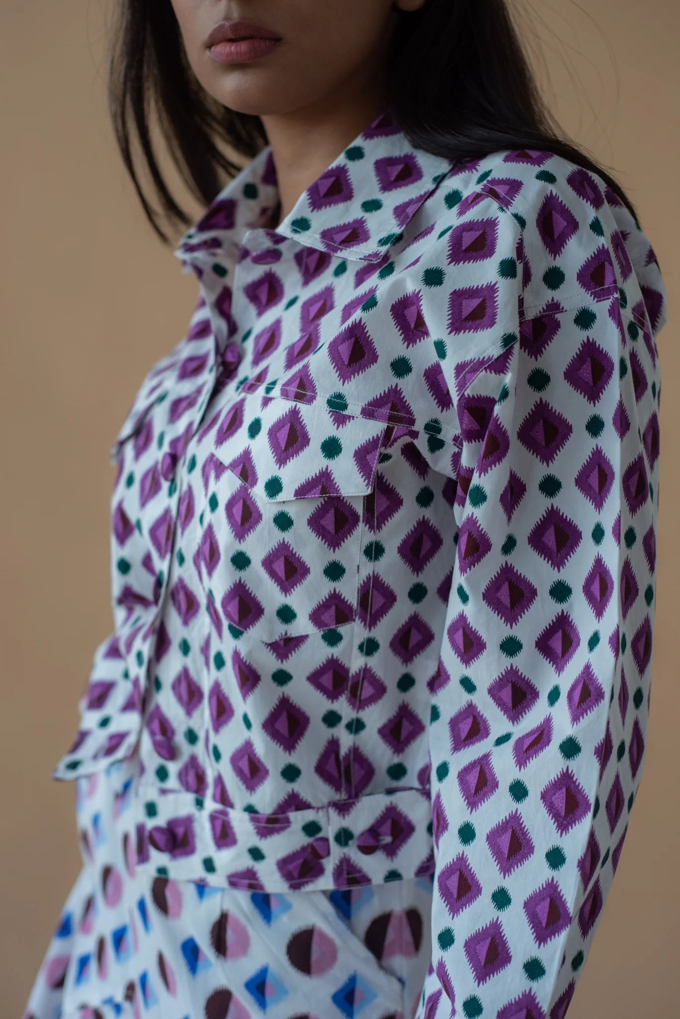 Geometric Print Purple Fly Jacket and Light Blue/Maroon Short Skirt