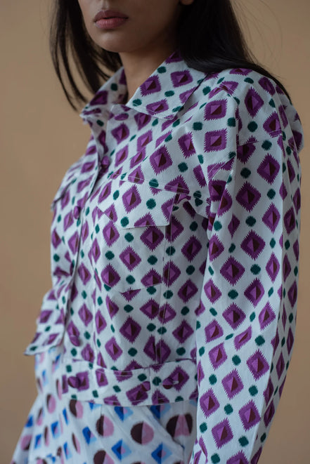 Geometric Print Purple Fly Jacket and Light Blue/Maroon Short Skirt