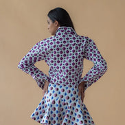 Geometric Print Purple Fly Jacket and Light Blue/Maroon Short Skirt