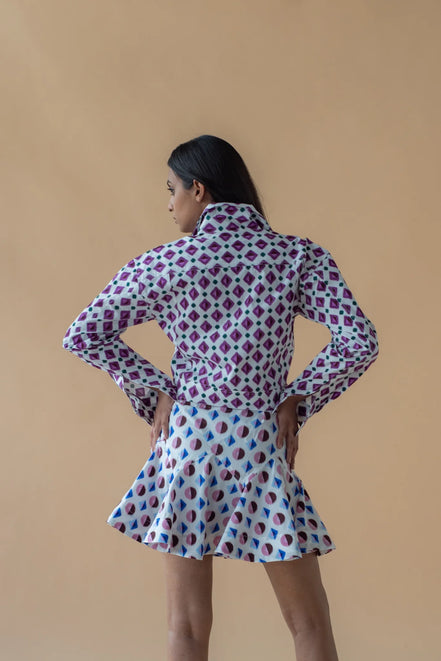 Geometric Print Purple Fly Jacket and Light Blue/Maroon Short Skirt