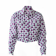 Geometric Print Purple Fly Jacket and Light Blue/Maroon Short Skirt