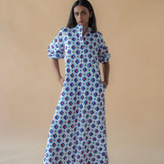 Geometric Print Shirt Dress - Blue Inclined Square