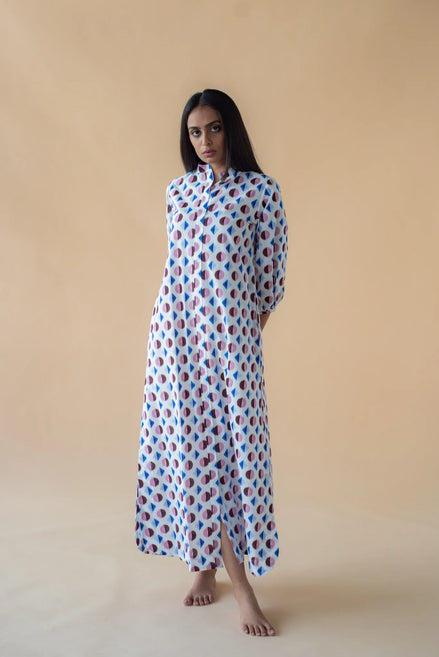 Geometric Print Shirt Dress - Blue/Maroon