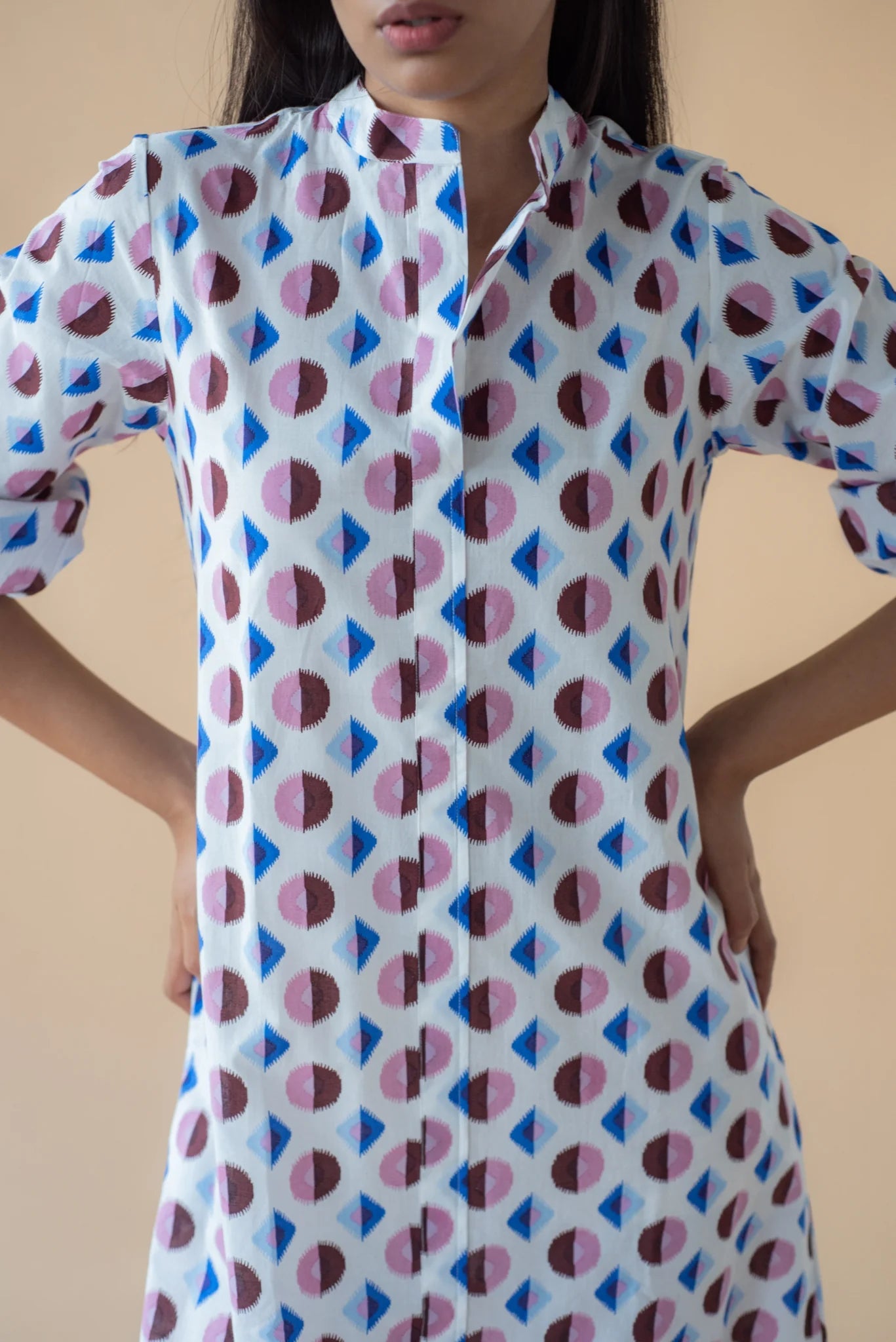 Geometric Print Shirt Dress - Blue/Maroon