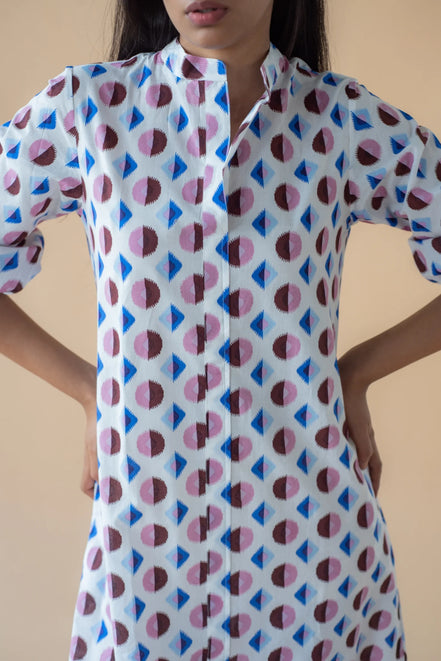 Geometric Print Shirt Dress - Blue/Maroon
